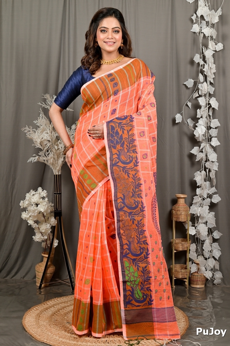 Orange Pure Cotton Dhrubi Jamdani Saree (2976)