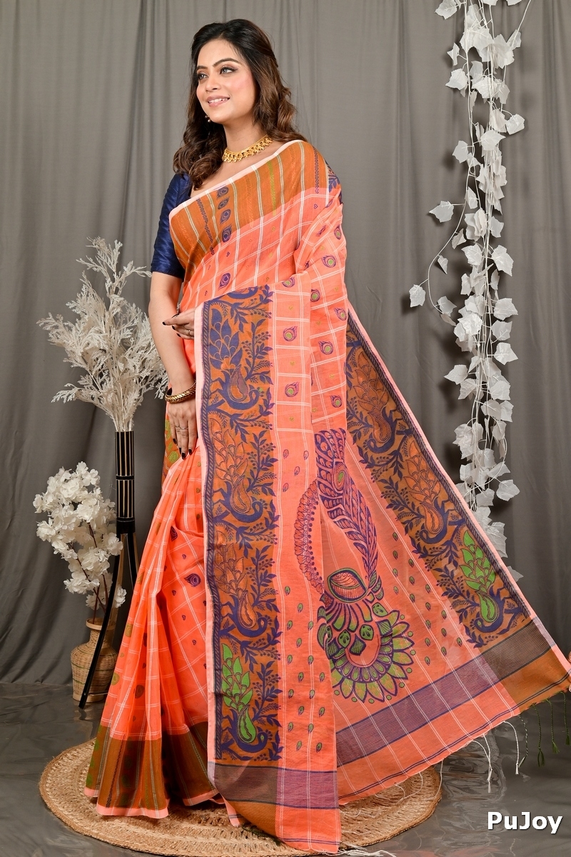 Orange Pure Cotton Dhrubi Jamdani Saree (2976)