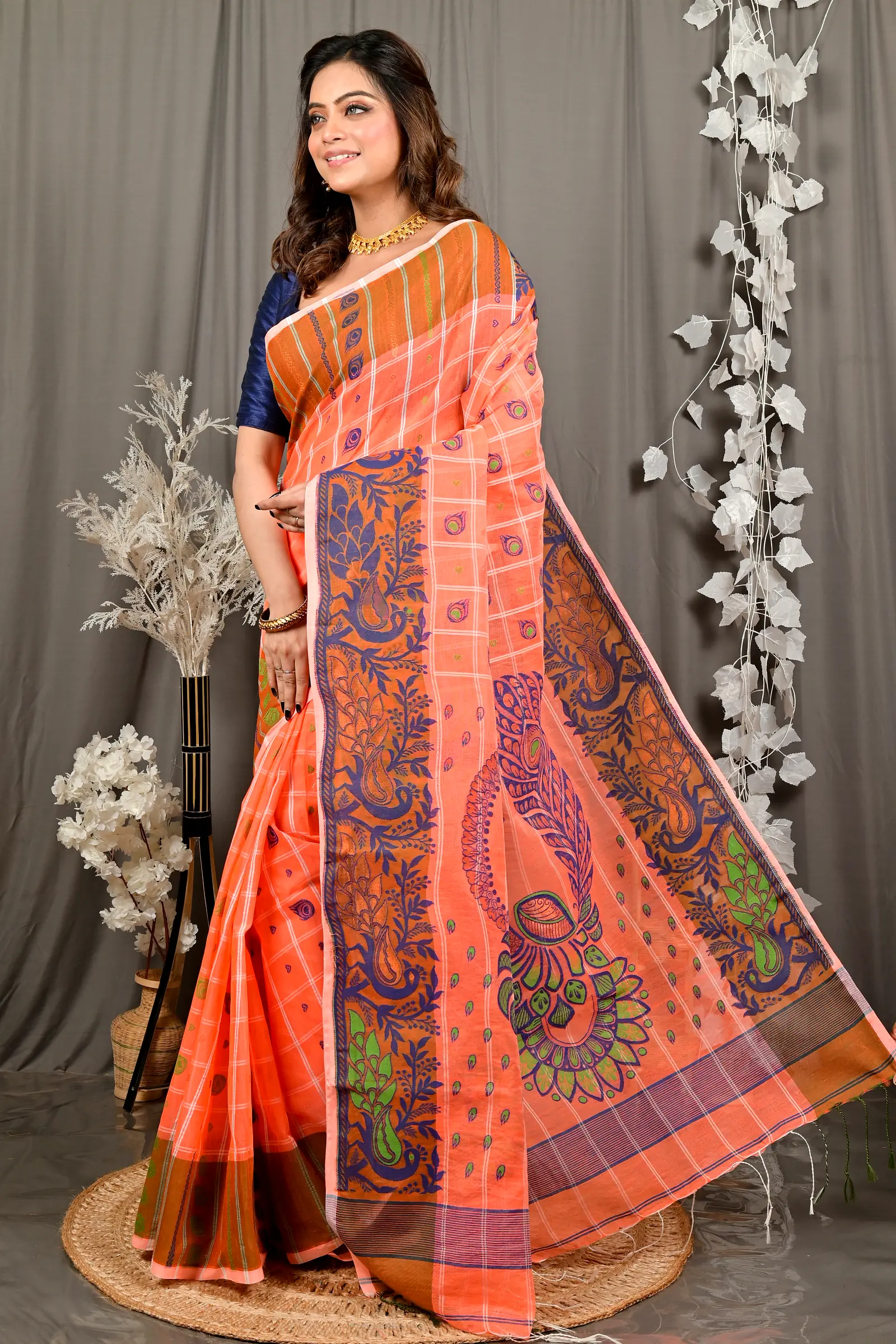 Orange Pure Cotton Dhrubi Jamdani Saree (2976)