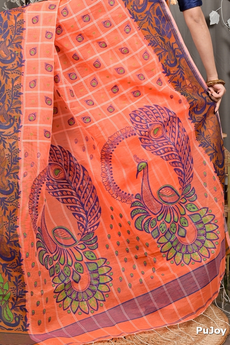 Orange Pure Cotton Dhrubi Jamdani Saree (2976)