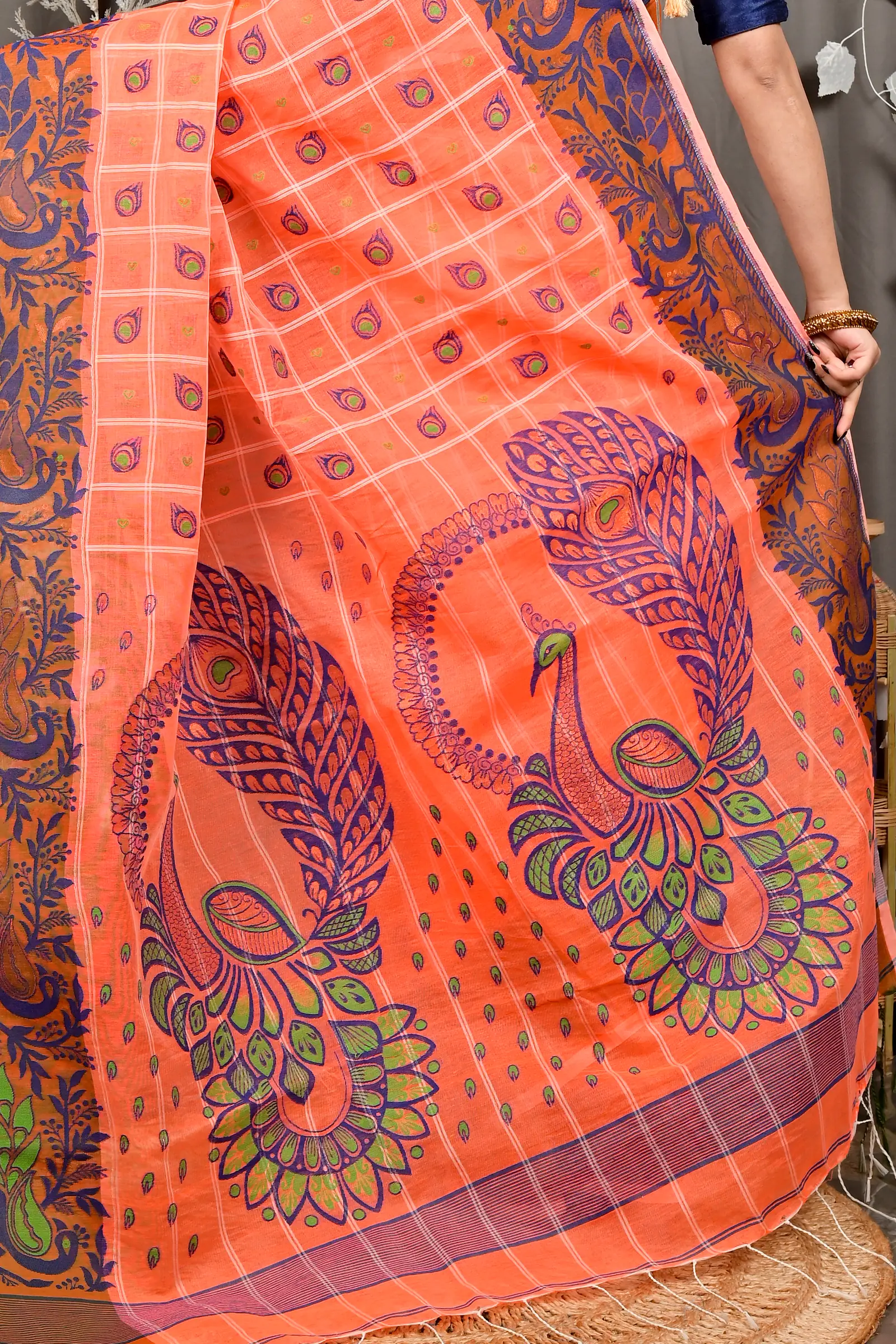 Orange Pure Cotton Dhrubi Jamdani Saree (2976)