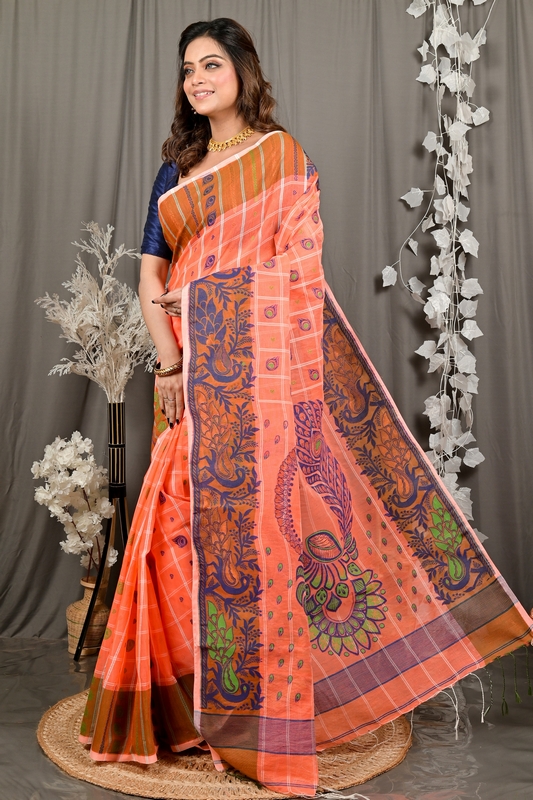 Orange Pure Cotton Dhrubi Jamdani Saree (2976)