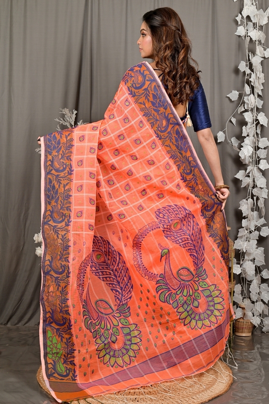 Orange Pure Cotton Dhrubi Jamdani Saree (2976)
