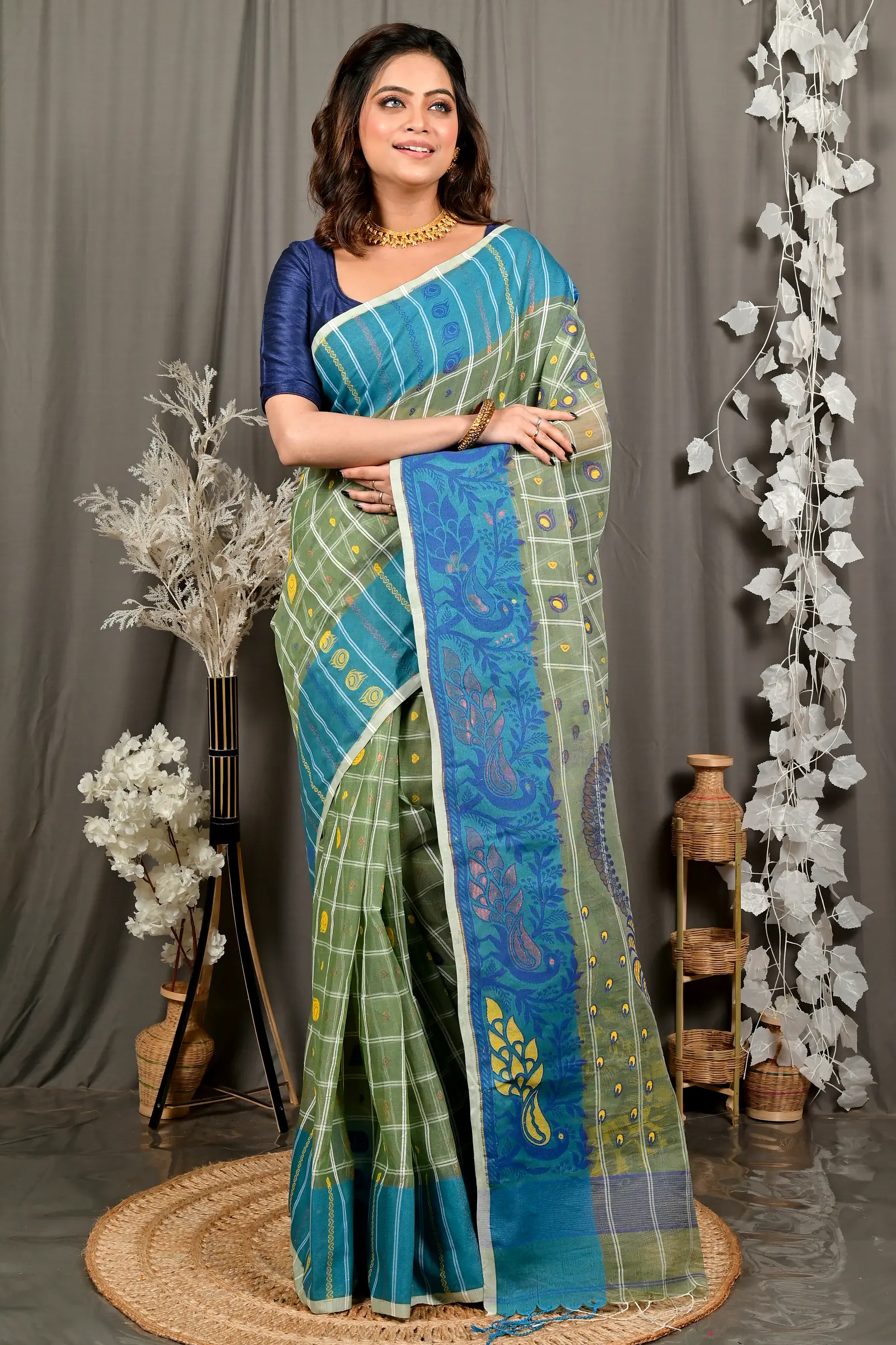 Dark Green Pure Cotton Dhrubi Jamdani Saree (2977)