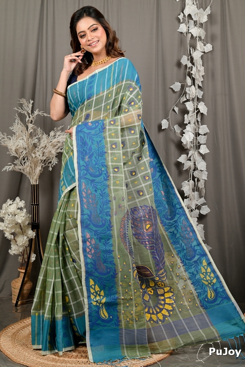 Dark Green Pure Cotton Dhrubi Jamdani Saree (2977)