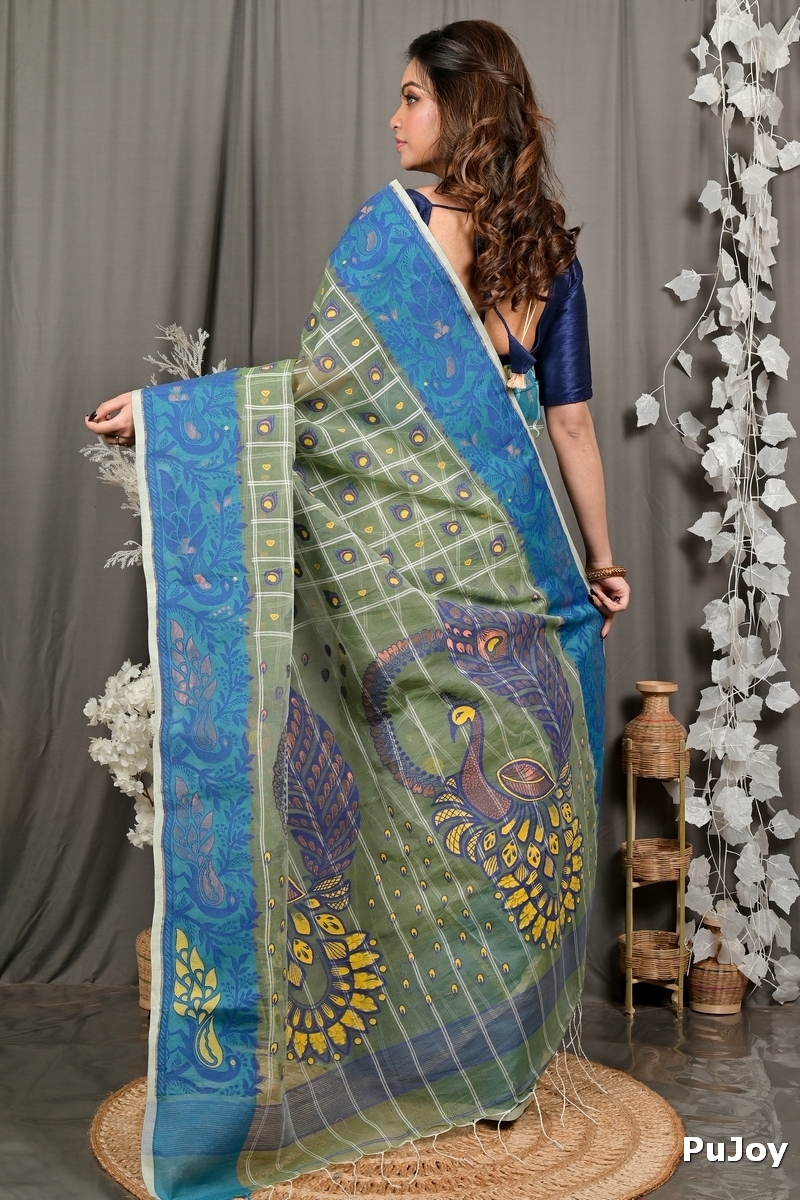 Dark Green Pure Cotton Dhrubi Jamdani Saree (2977)