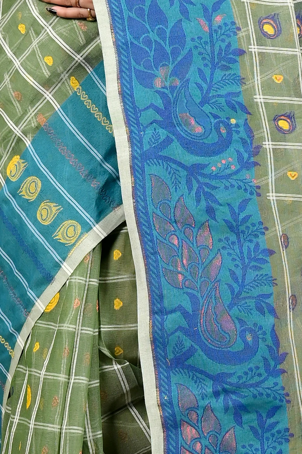 Dark Green Pure Cotton Dhrubi Jamdani Saree (2977)