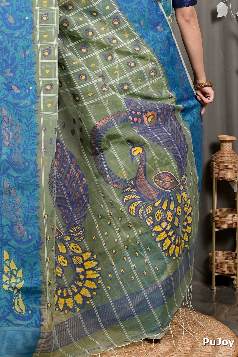 Dark Green Pure Cotton Dhrubi Jamdani Saree (2977)