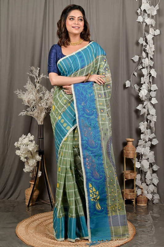 Dark Green Pure Cotton Dhrubi Jamdani Saree (2977)