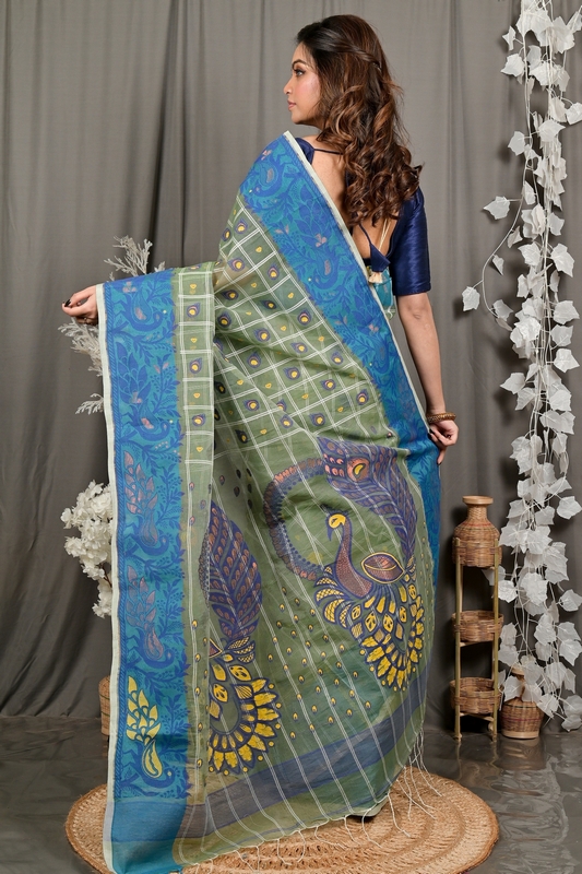 Dark Green Pure Cotton Dhrubi Jamdani Saree (2977)