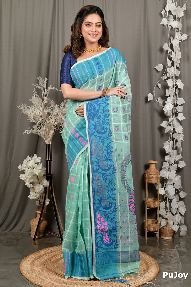 See Green Pure Cotton Dhrubi Jamdani Saree (2978)