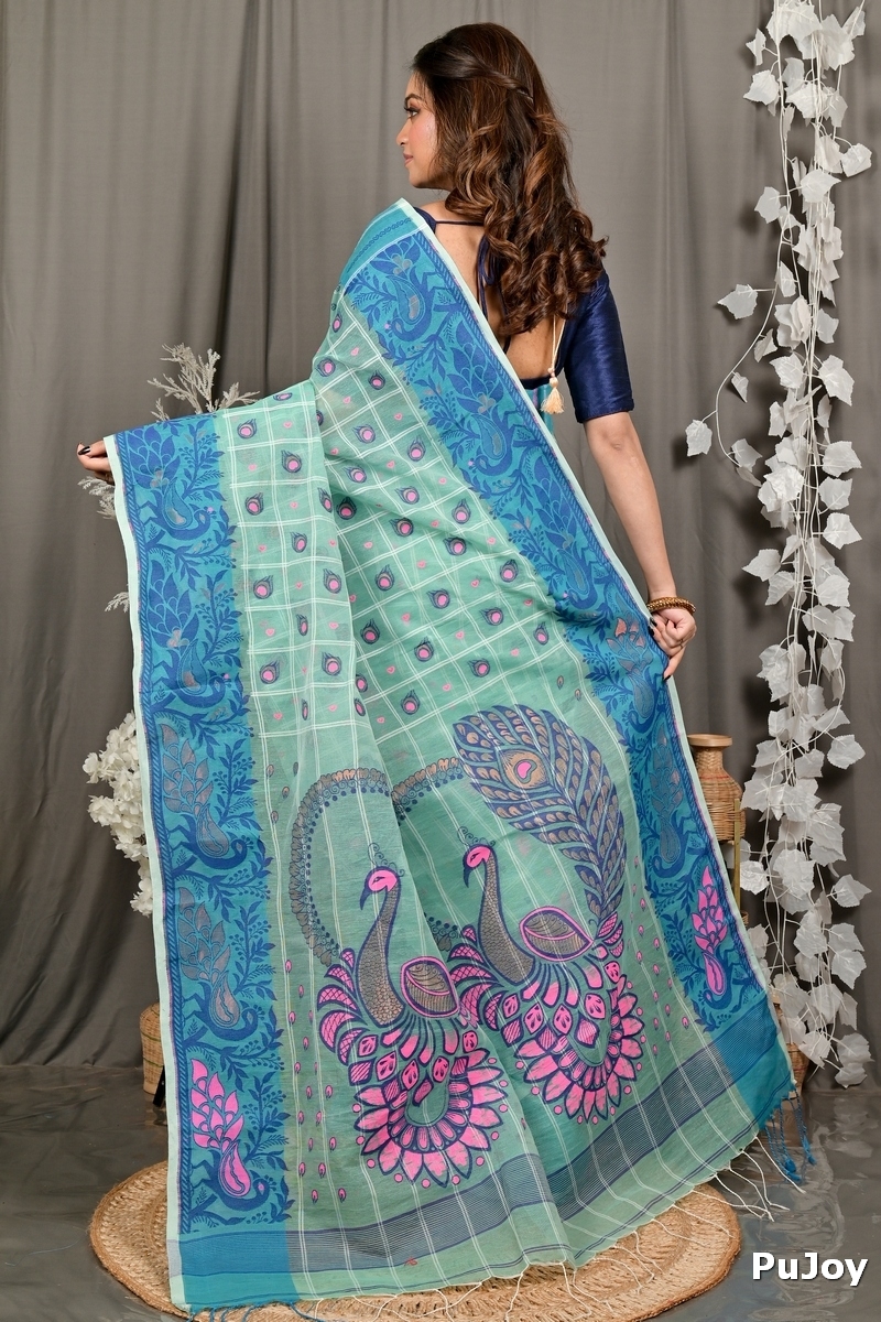 See Green Pure Cotton Dhrubi Jamdani Saree (2978)