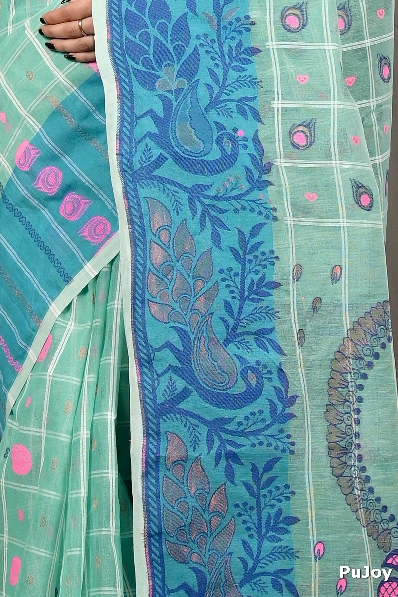 See Green Pure Cotton Dhrubi Jamdani Saree (2978)