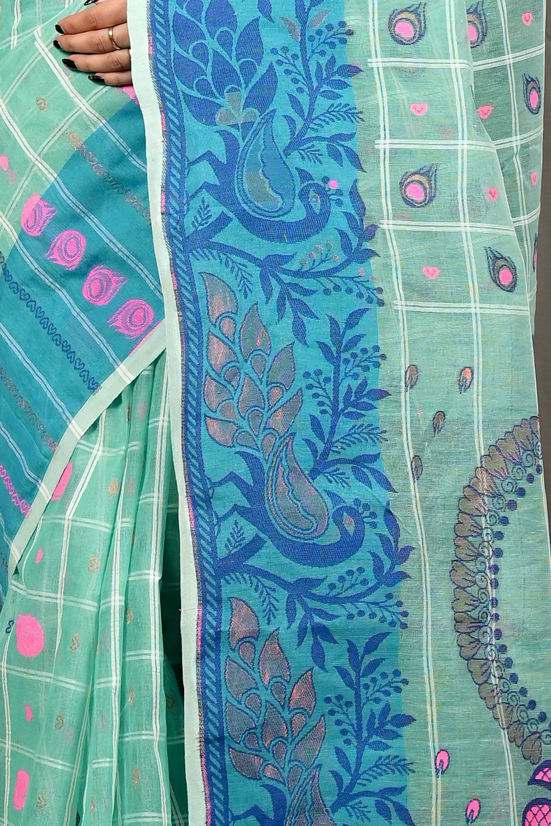See Green Pure Cotton Dhrubi Jamdani Saree (2978)