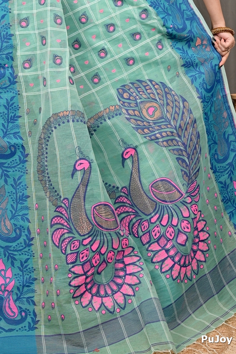 See Green Pure Cotton Dhrubi Jamdani Saree (2978)