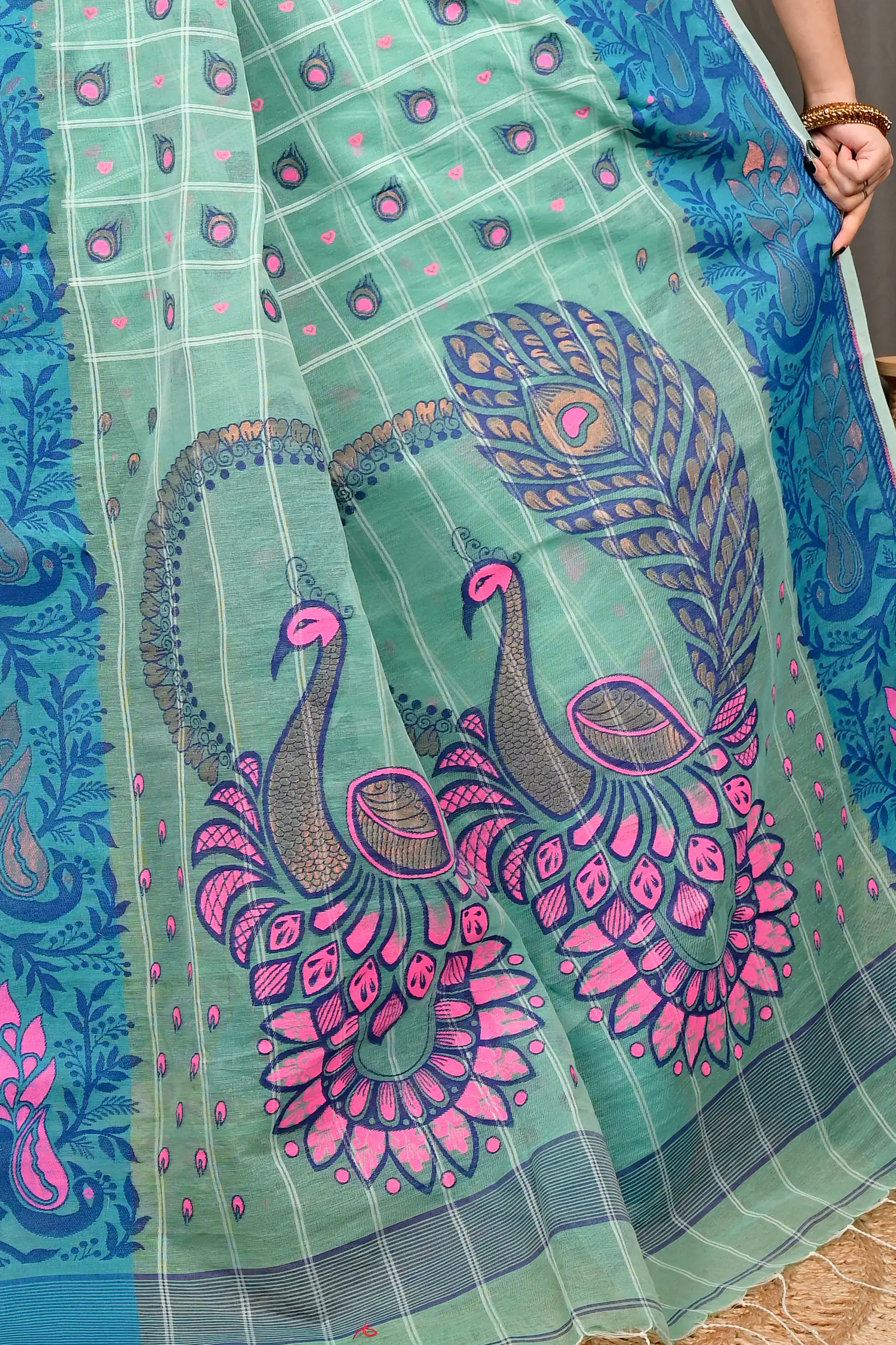 See Green Pure Cotton Dhrubi Jamdani Saree (2978)