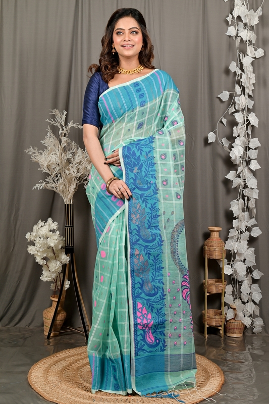 See Green Pure Cotton Dhrubi Jamdani Saree (2978)