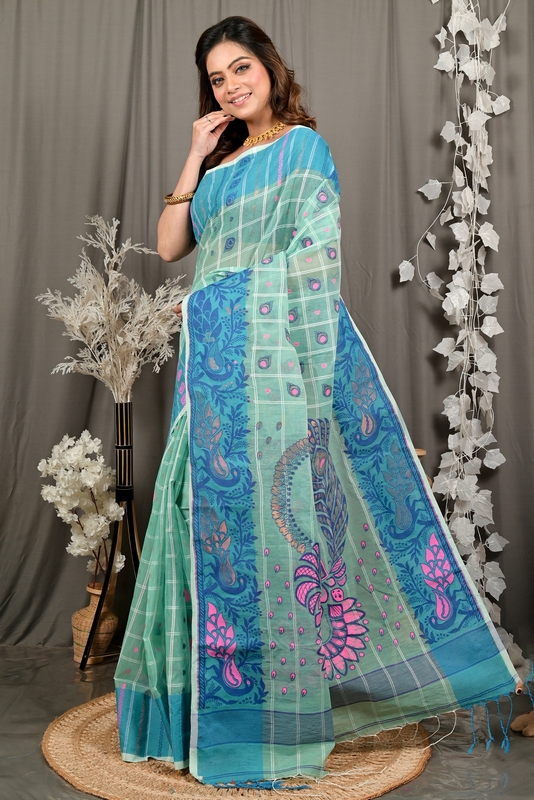See Green Pure Cotton Dhrubi Jamdani Saree (2978)