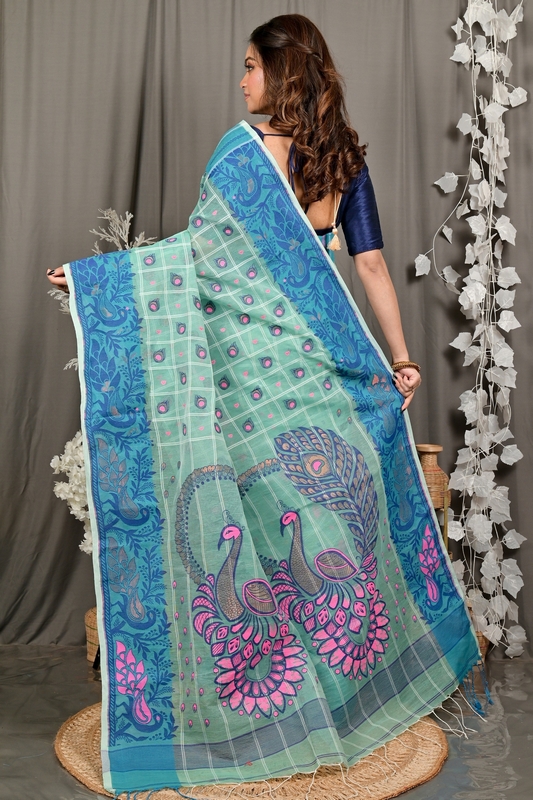 See Green Pure Cotton Dhrubi Jamdani Saree (2978)