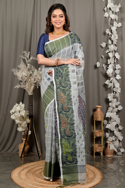 Grey Green Pure Cotton Dhrubi Jamdani Saree (2979)