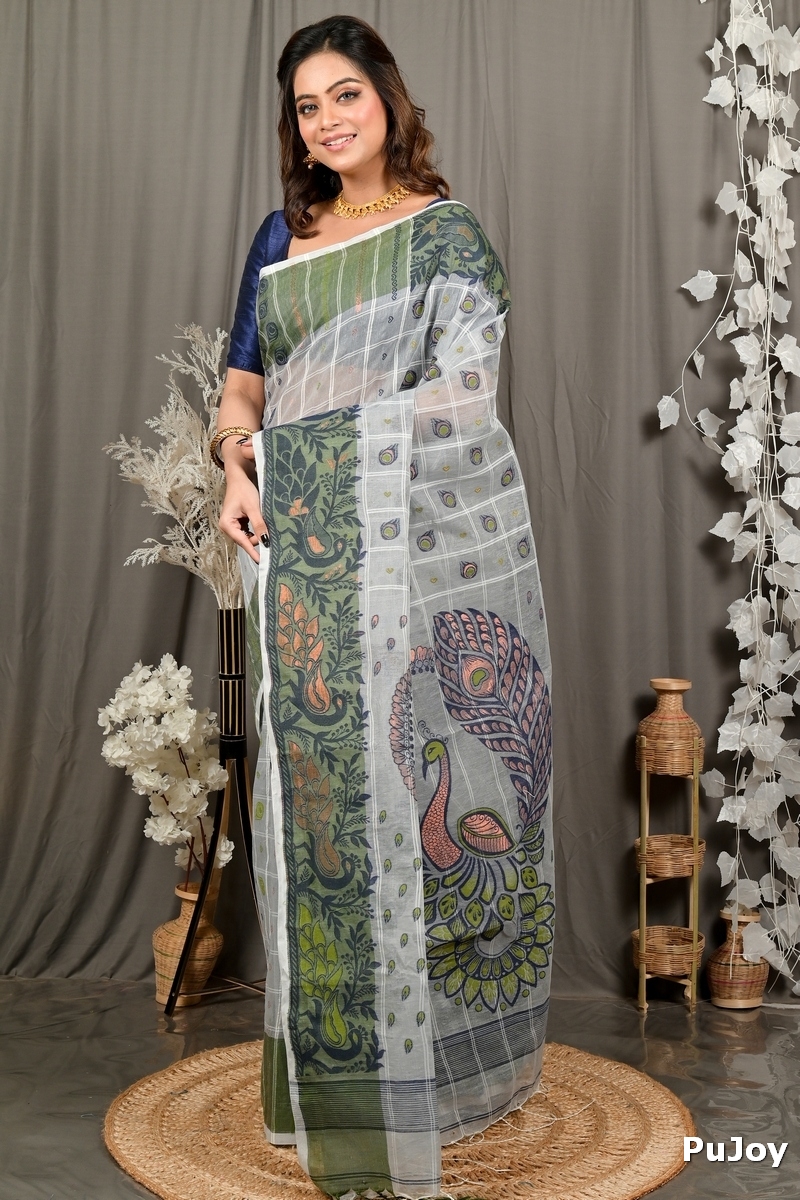 Grey Green Pure Cotton Dhrubi Jamdani Saree (2979)