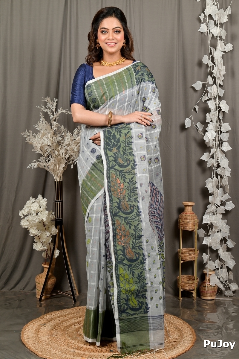 Grey Green Pure Cotton Dhrubi Jamdani Saree (2979)
