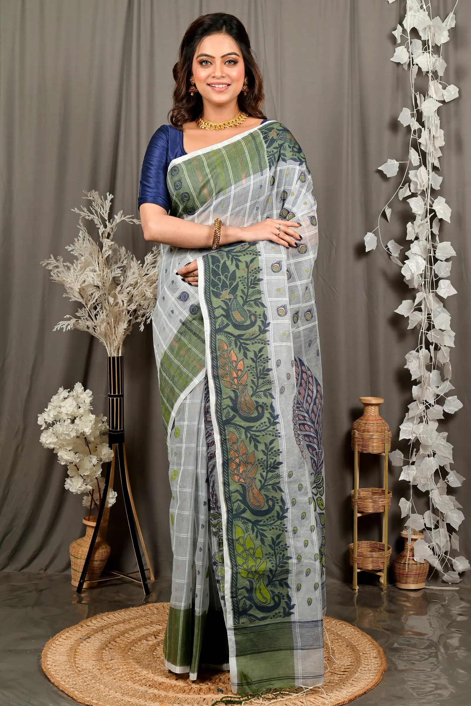 Grey Green Pure Cotton Dhrubi Jamdani Saree (2979)