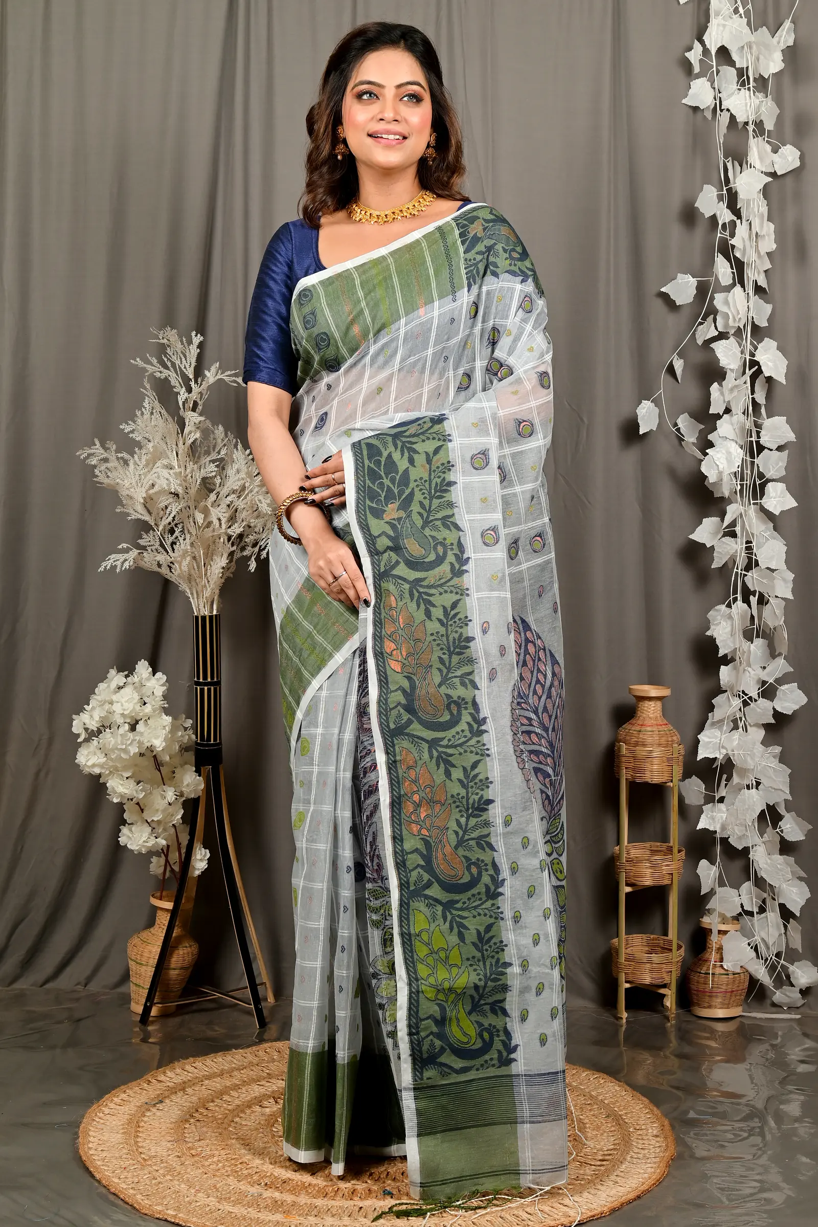 Grey Green Pure Cotton Dhrubi Jamdani Saree (2979)