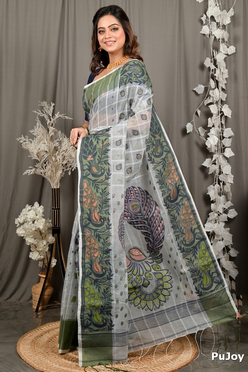 Grey Green Pure Cotton Dhrubi Jamdani Saree (2979)
