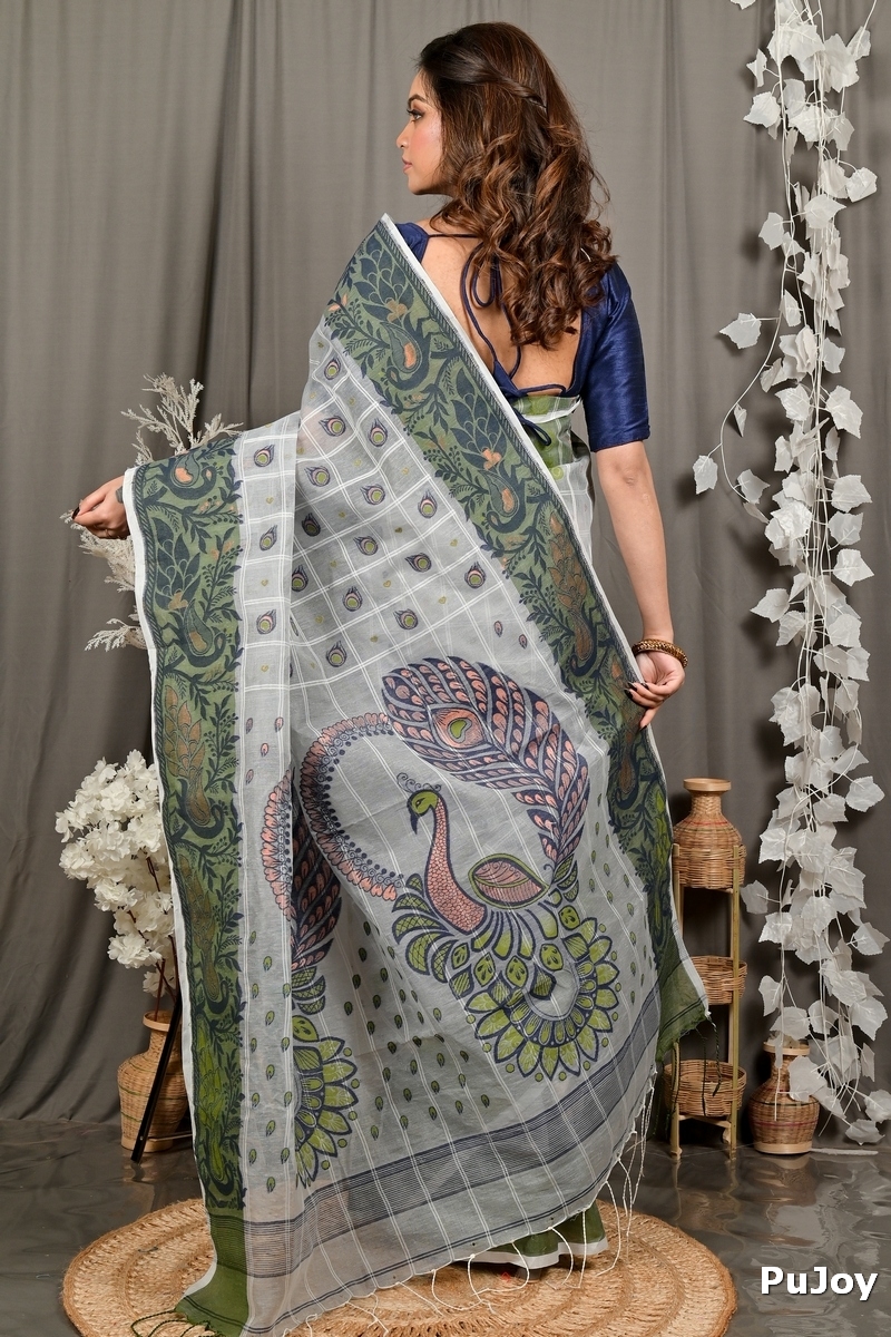 Grey Green Pure Cotton Dhrubi Jamdani Saree (2979)