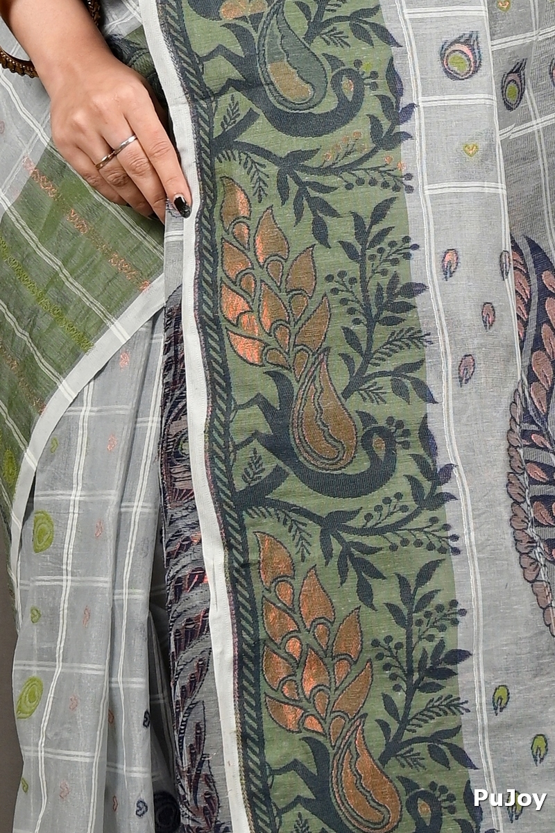 Grey Green Pure Cotton Dhrubi Jamdani Saree (2979)
