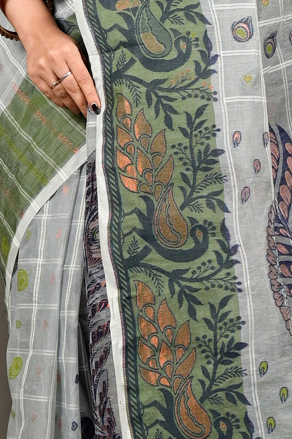 Grey Green Pure Cotton Dhrubi Jamdani Saree (2979)