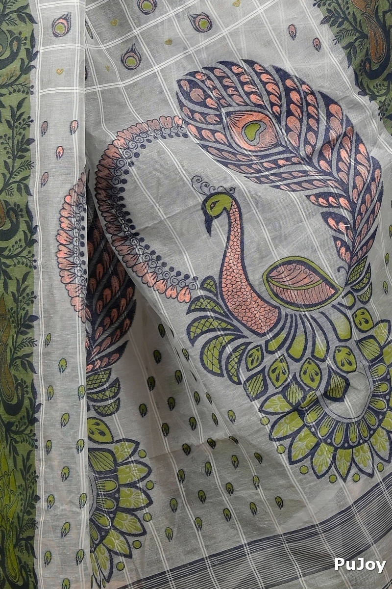 Grey Green Pure Cotton Dhrubi Jamdani Saree (2979)