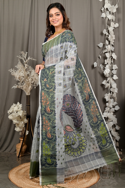 Grey Green Pure Cotton Dhrubi Jamdani Saree (2979)