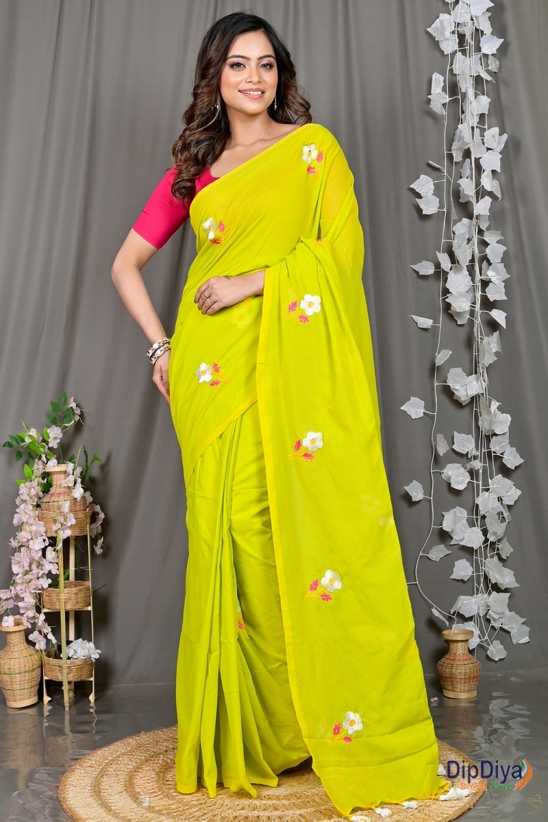 Green Pure Cotton Paray Embroidery Handloom saree (298)