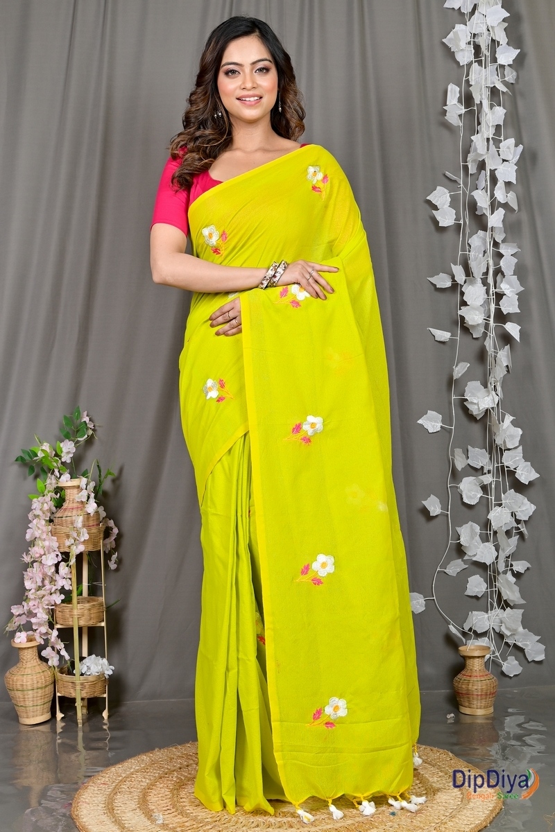 Green Pure Cotton Paray Embroidery Handloom saree (298)