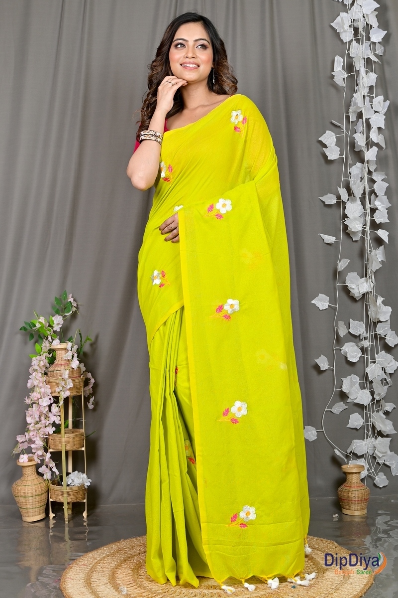 Green Pure Cotton Paray Embroidery Handloom saree (298)