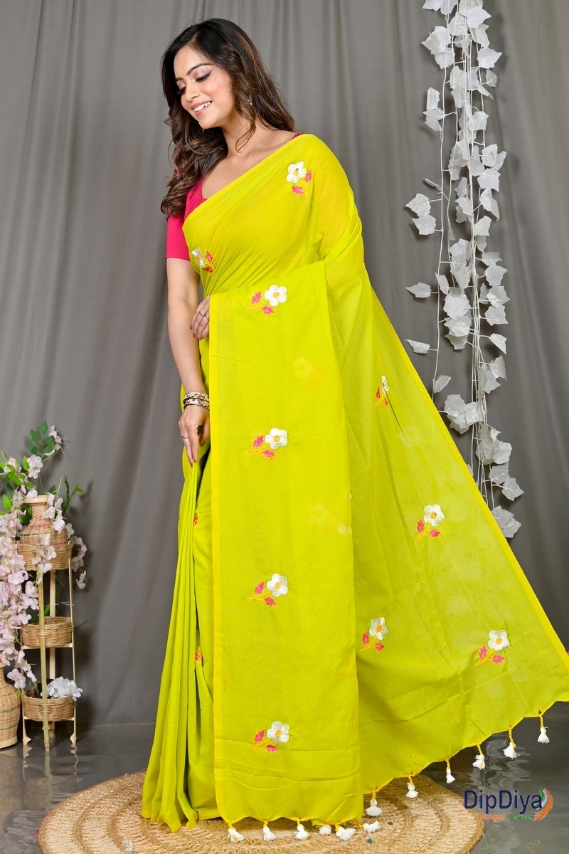 Green Pure Cotton Paray Embroidery Handloom saree (298)