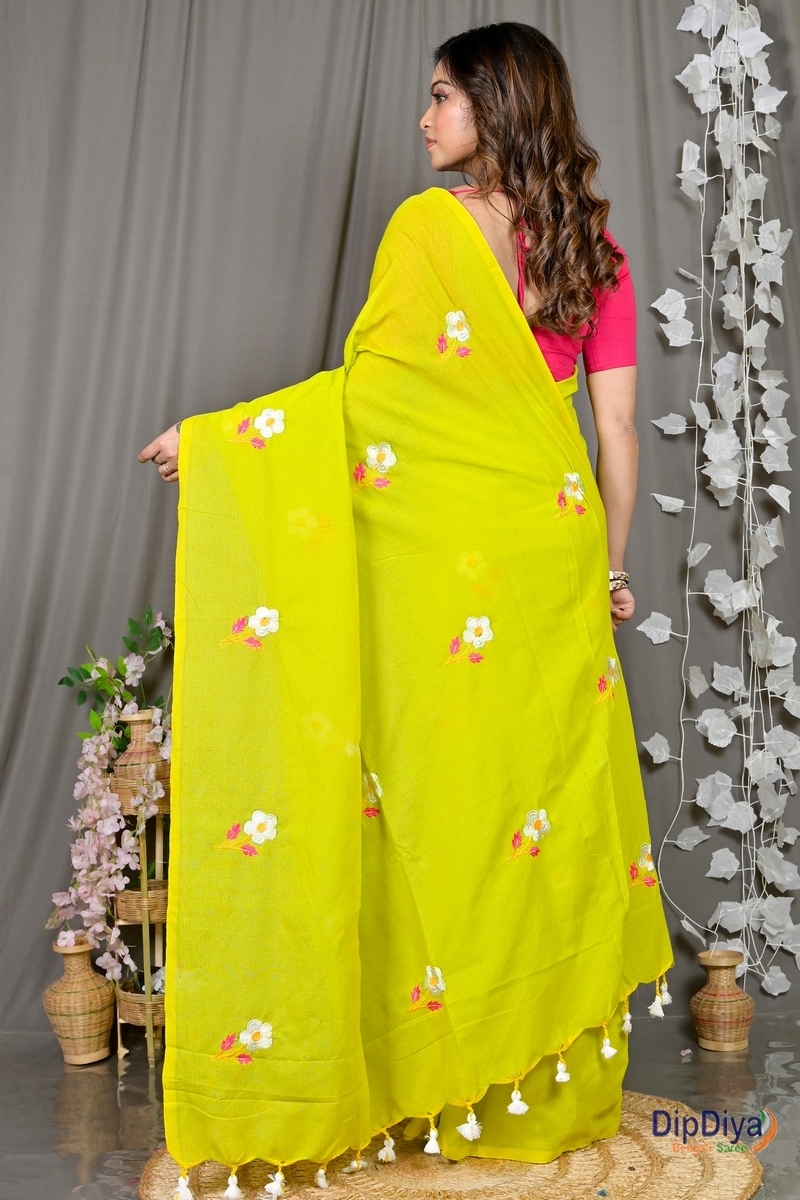 Green Pure Cotton Paray Embroidery Handloom saree (298)