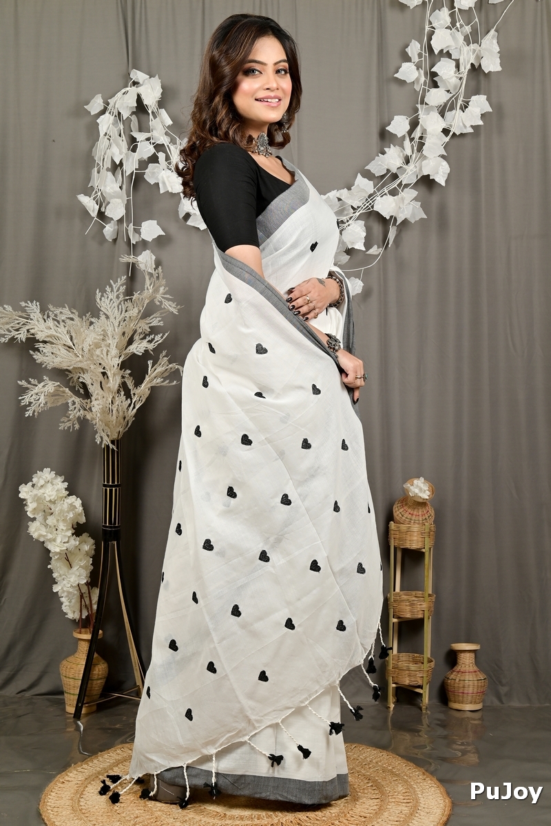 White Brown Pure Cotton Dhrli Embroidery Handloom saree (2980)