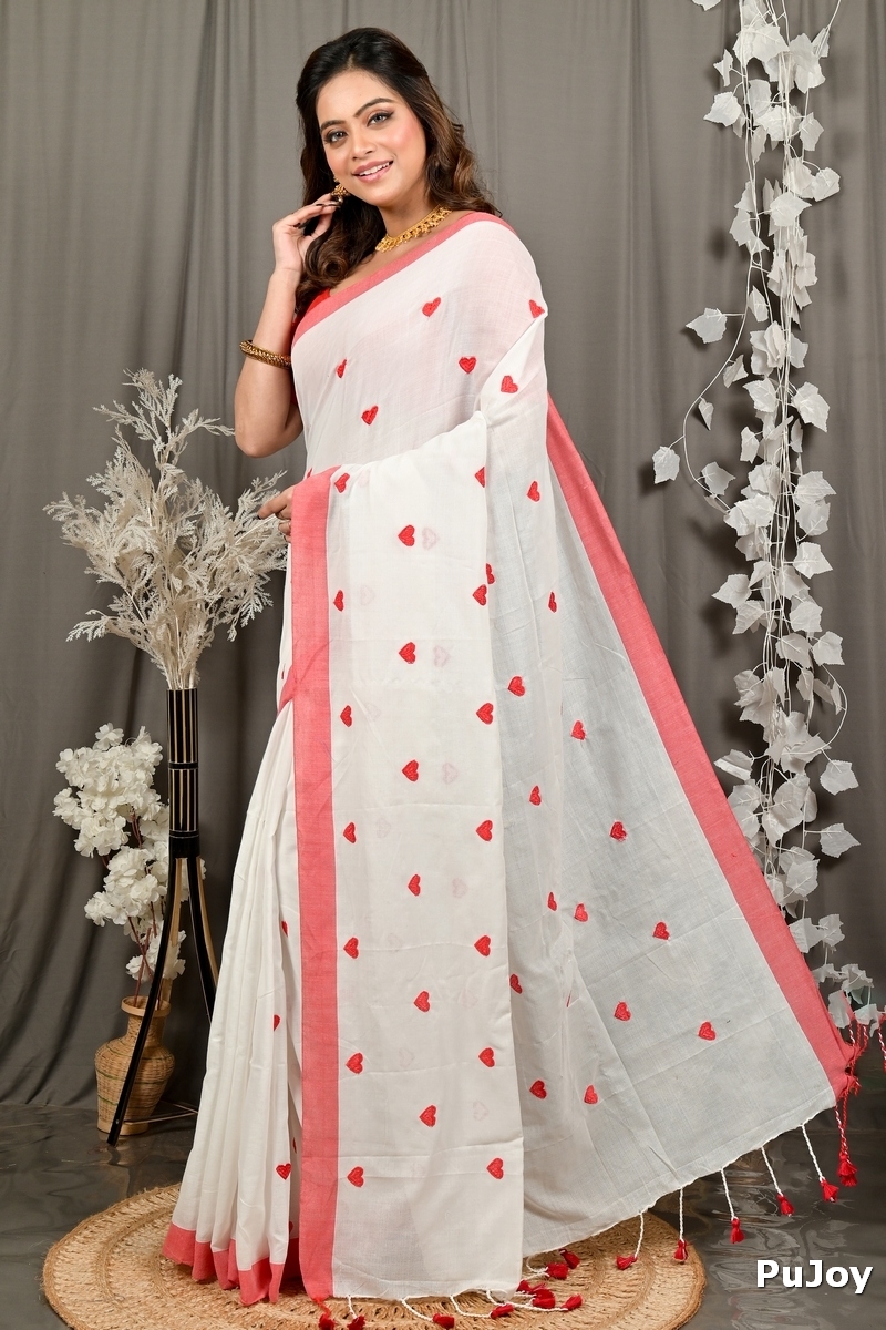 White Red Pure Cotton Dhrli Embroidery Handloom saree (2981)