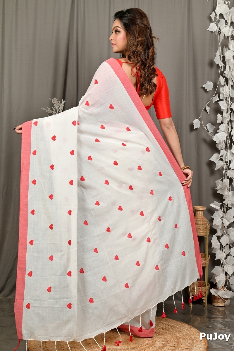 White Red Pure Cotton Dhrli Embroidery Handloom saree (2981)