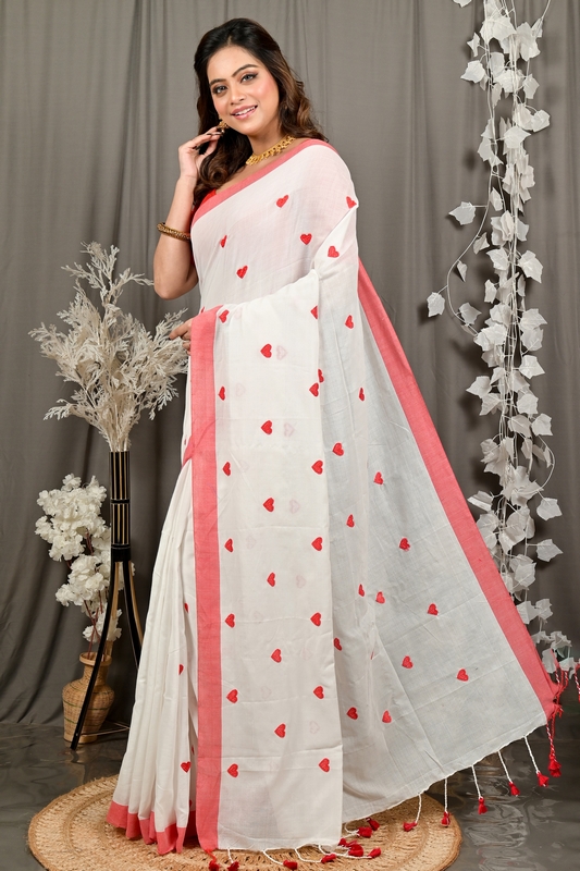 White Red Pure Cotton Dhrli Embroidery Handloom saree (2981)