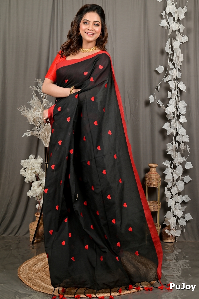 Black Red Pure Cotton Dhrli Embroidery Handloom saree (2982)