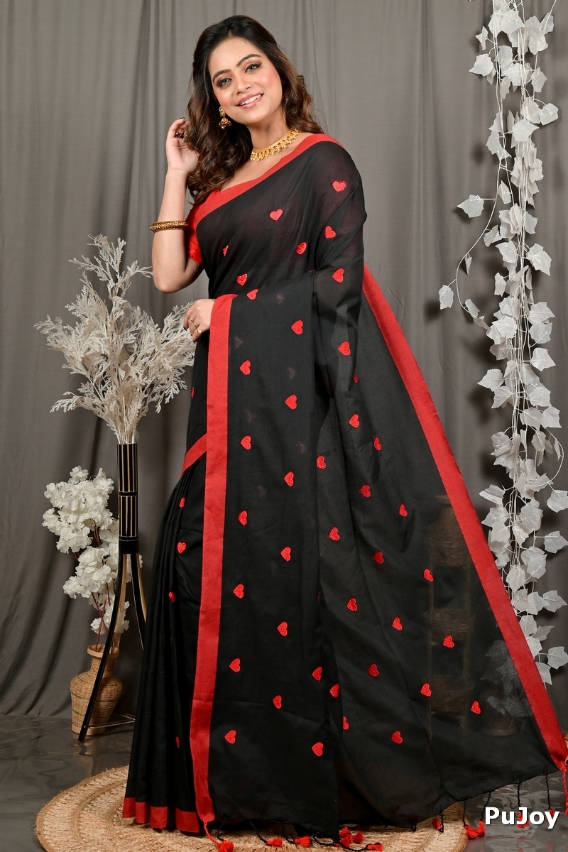 Black Red Pure Cotton Dhrli Embroidery Handloom saree (2982)