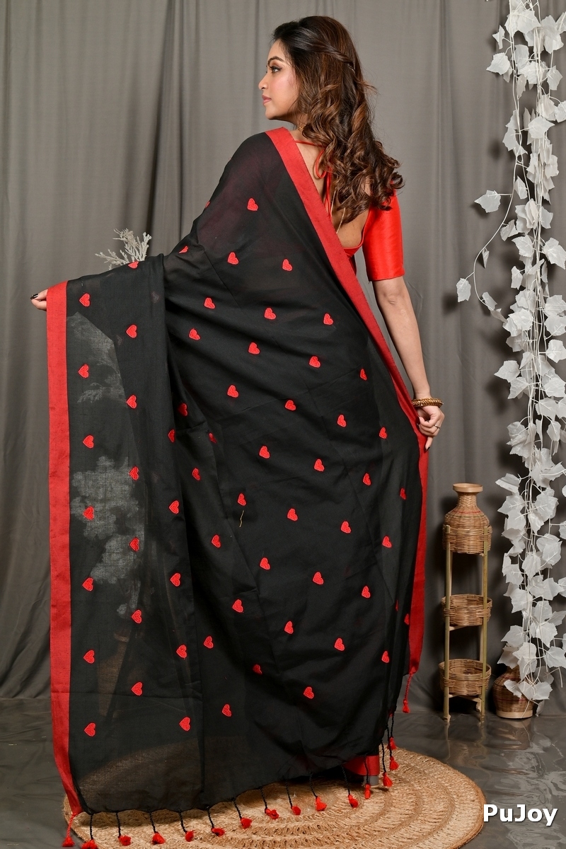 Black Red Pure Cotton Dhrli Embroidery Handloom saree (2982)