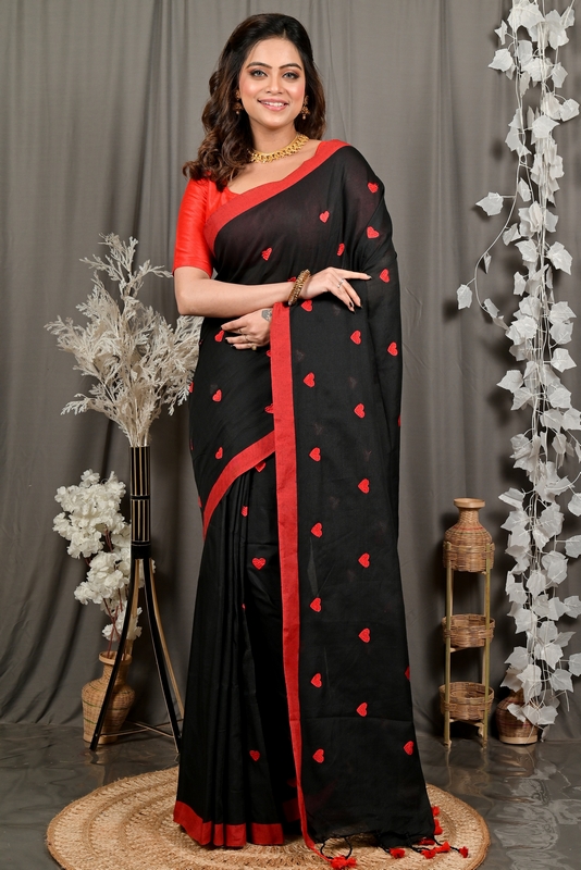 Black Red Pure Cotton Dhrli Embroidery Handloom saree (2982)