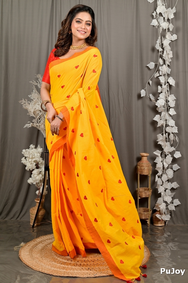 Yellow Pure Cotton Dhrli Embroidery Handloom saree (2983)