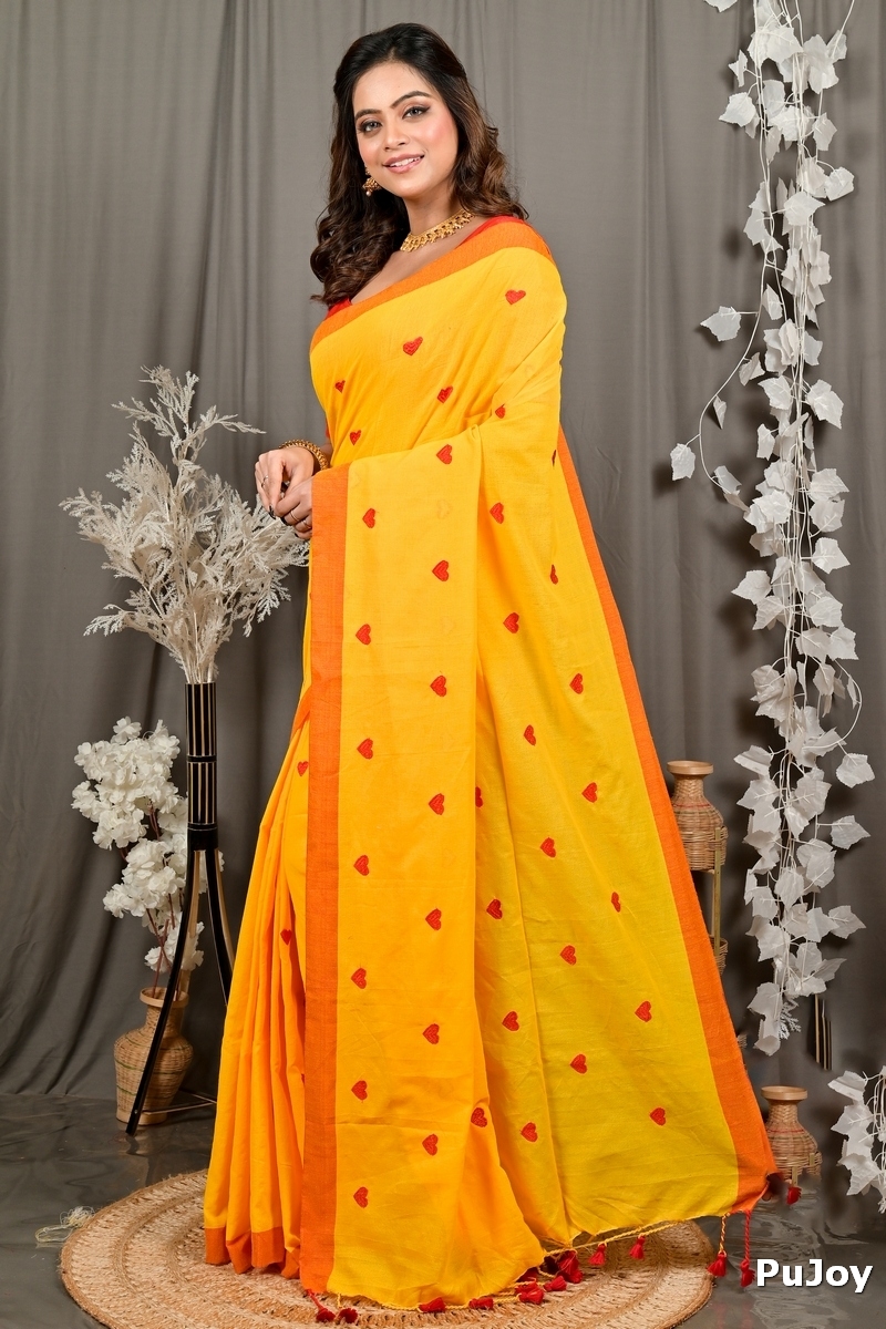 Yellow Pure Cotton Dhrli Embroidery Handloom saree (2983)