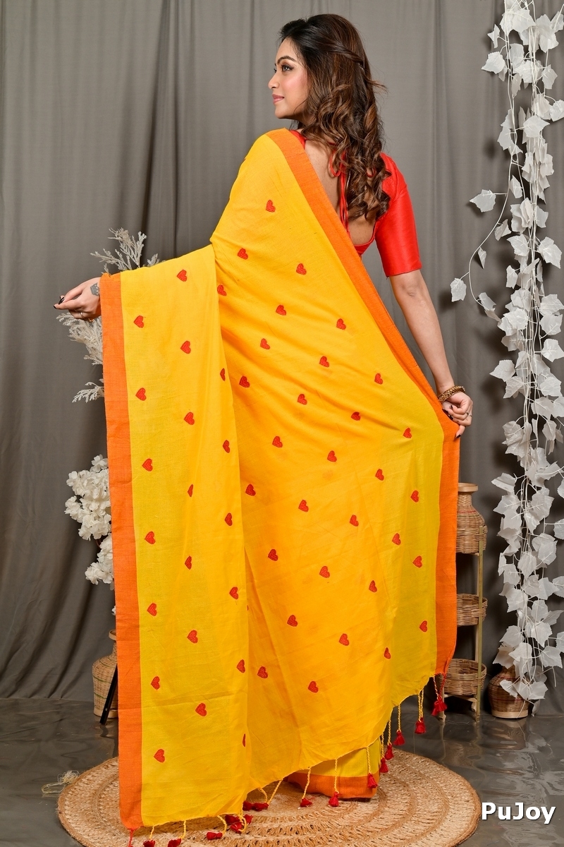 Yellow Pure Cotton Dhrli Embroidery Handloom saree (2983)